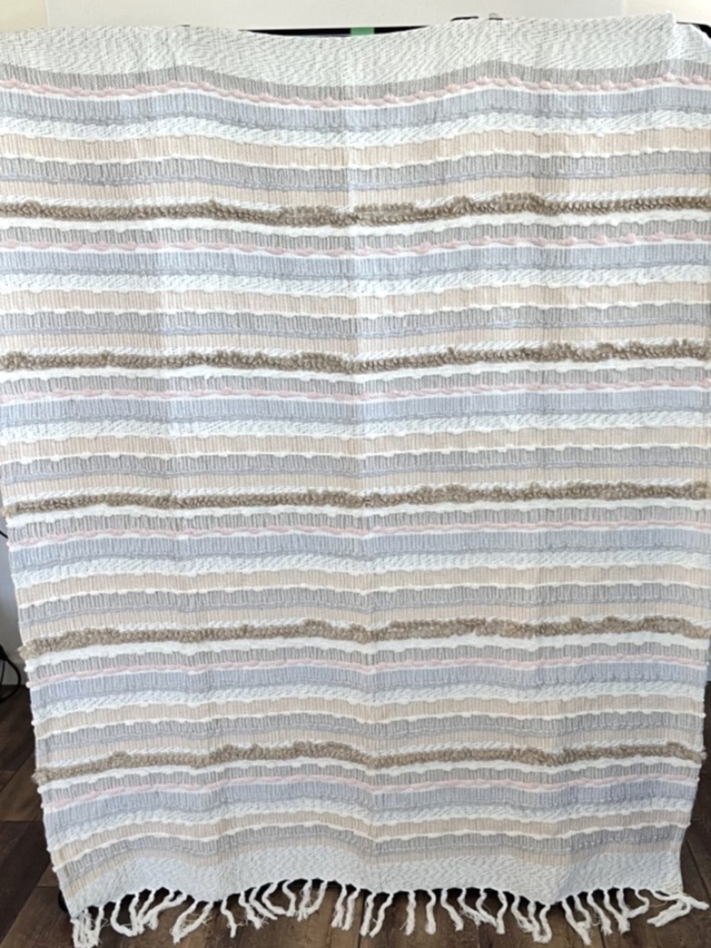 London Kaye Boho Textured Stripe Fringed Throw Blanket Cotton Blend 62"x48"